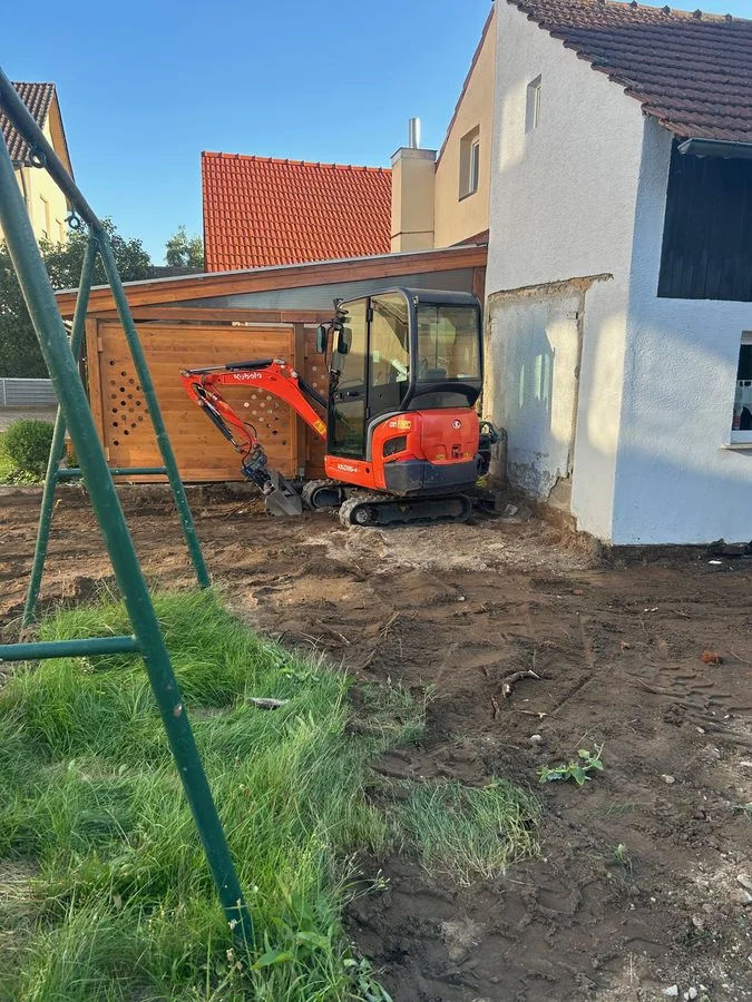Fundament-Aushub mit Minibagger Minibagger bei Fundament-Erdarbeiten an der Hauswand